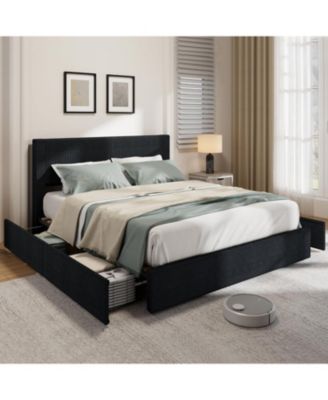 Full Upholstered Bed Frame with 4 Storage Drawers, Wingback Channel Tufted Headboard