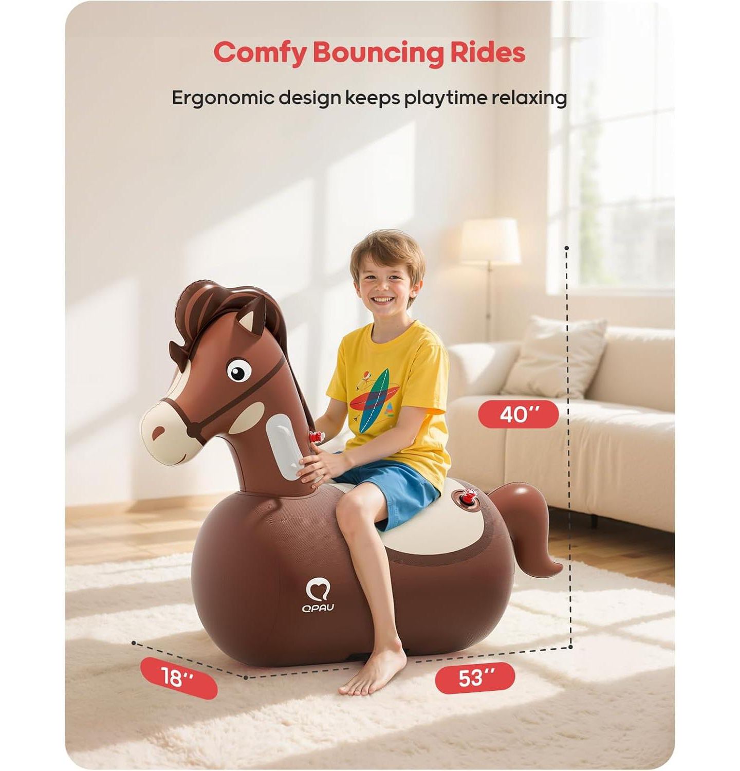 Детская игрушка QPAU Giant Bouncy Horse Heavy-Duty Inflatable Hopper, 220 lb Weight Capacity, Ages 8+, цвет: Коричневый — фото 3