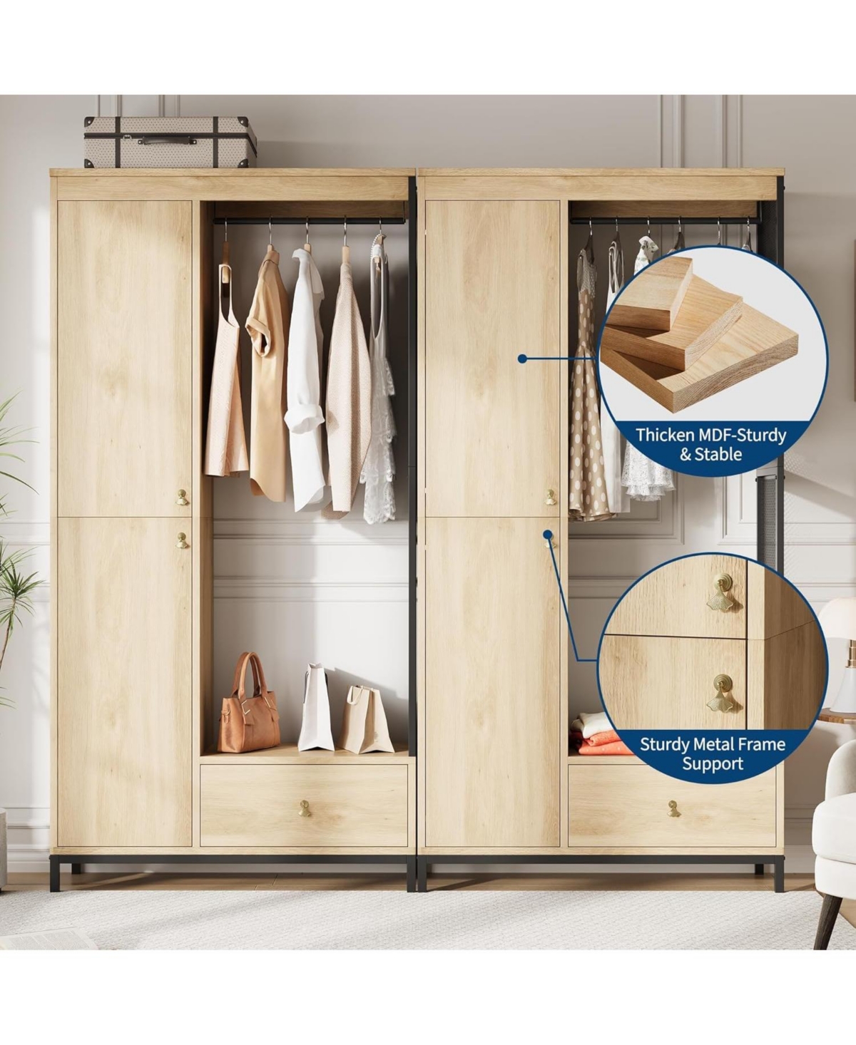 gaomon Modern Armoire Wardrobe Closet, Wood and Metal Frame Clothes Storage Organizer with Double Closed Doors, Open Hanging Rod