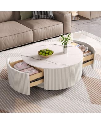 Round Coffee Table with Wheels, Living Room Center Table with Marble Pattern Sintered Stone Tabletop and Dual Drawers for Storage