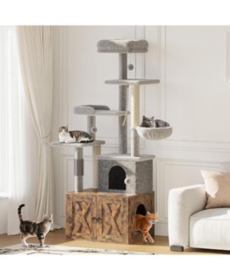Cat Tree with Litter Box Enclosure, 2-in-1 Modern Cat Tower with Scratching Posts, Multiple Platform and Large Condo