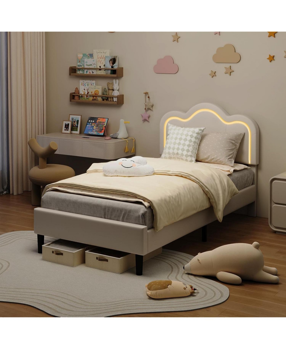 gaomon Twin Smart Led Bed Frame with Adjustable Headboard, Velvet Upholstered Platform for Kids