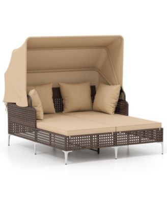 PE Wicker Patio Daybed Lounger with Retractable Canopy