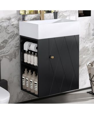 20 Inch Bathroom Vanity with Ceramic Sink, Side Storage Shelves and Towel Bar, Wall Mount Cabinet for Small Spaces