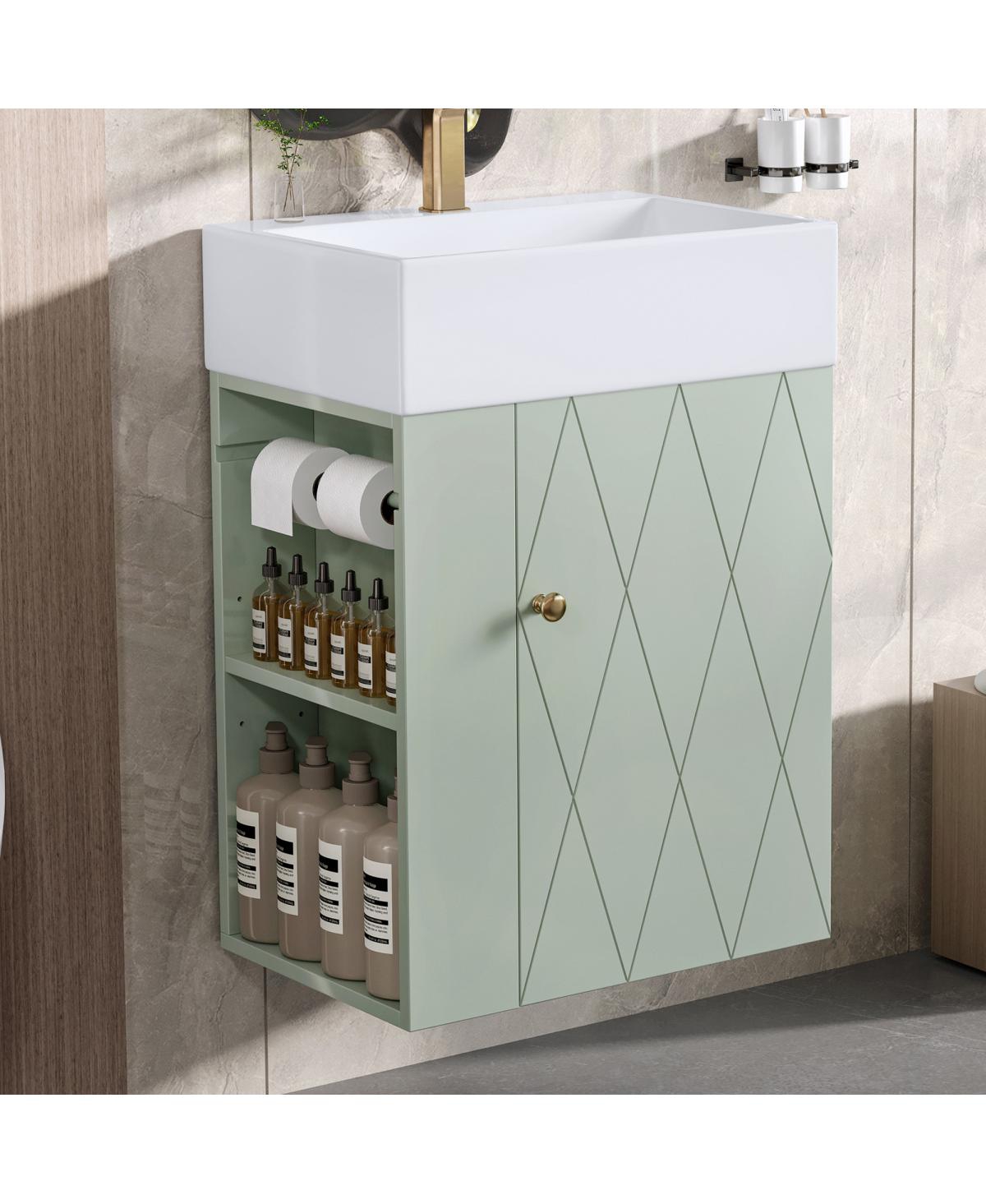 Sillysis 20 Inch Bathroom Vanity with Ceramic Sink, Side Storage Shelves and Towel Bar, Wall Mount Cabinet for Small Spaces - Green