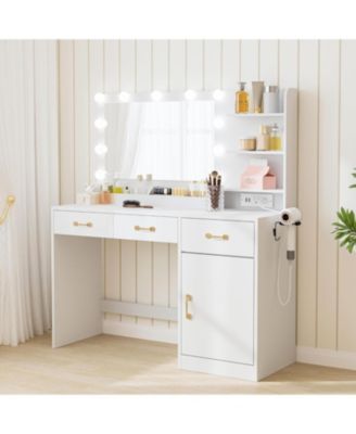 Glow Mirror Vanity Table with Plug Outlet, 3-Tier Storage Drawers and Shelves