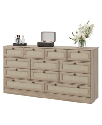 Wooden Dressers for Bedroom with 12 Rattan Drawers, Wood Dresser for Living Room, Hallway, Entryway