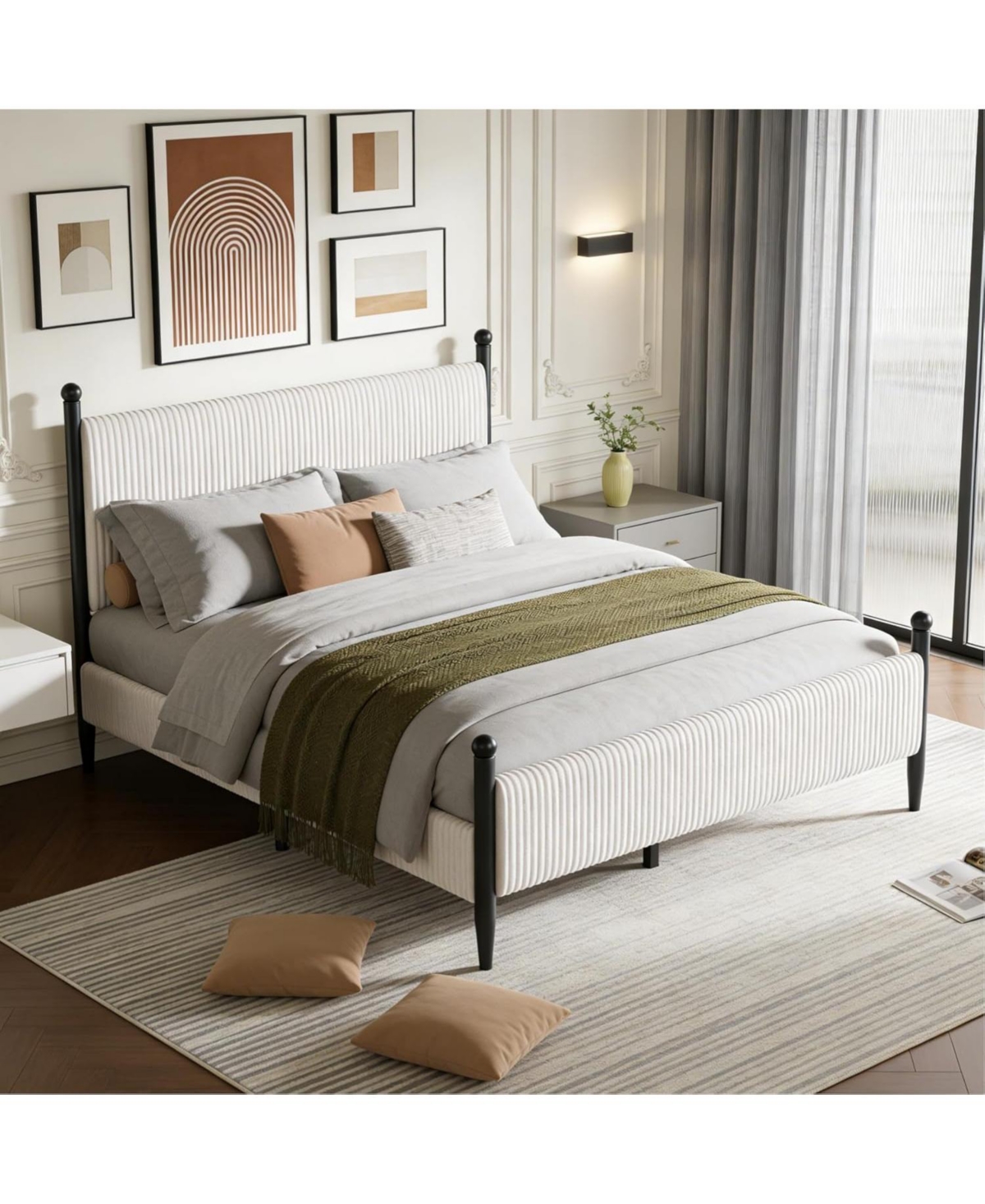gaomon Full Upholstered Bed Frame with Vertical Stripe Headboard, Corduroy Fabric, Metal Legs, No Box Spring Needed