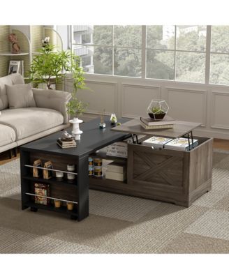 Wooden Farmhouse Lift Top Coffee Table, Rectangular Center Table with Extendable Design, Barn Doors and Hidden Storage for Living Room