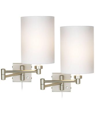 Modern Swing Arm Wall Lamps Set of 2 Brushed Nickel Plug-In Light Fixture Cylinder Shade for Bedroom Bedside