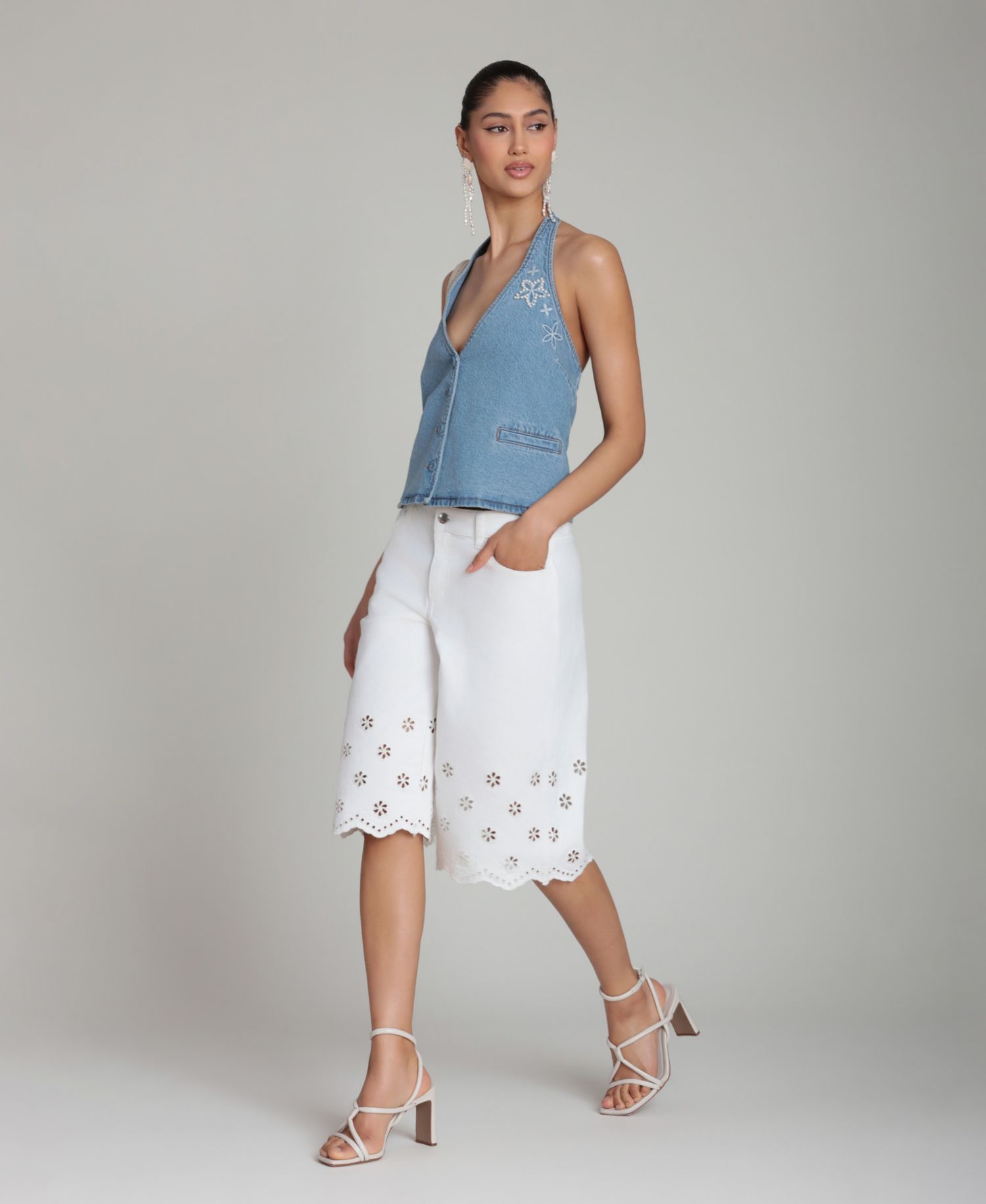 Women's Mid-Rise Floral Cutout Detail Shorts