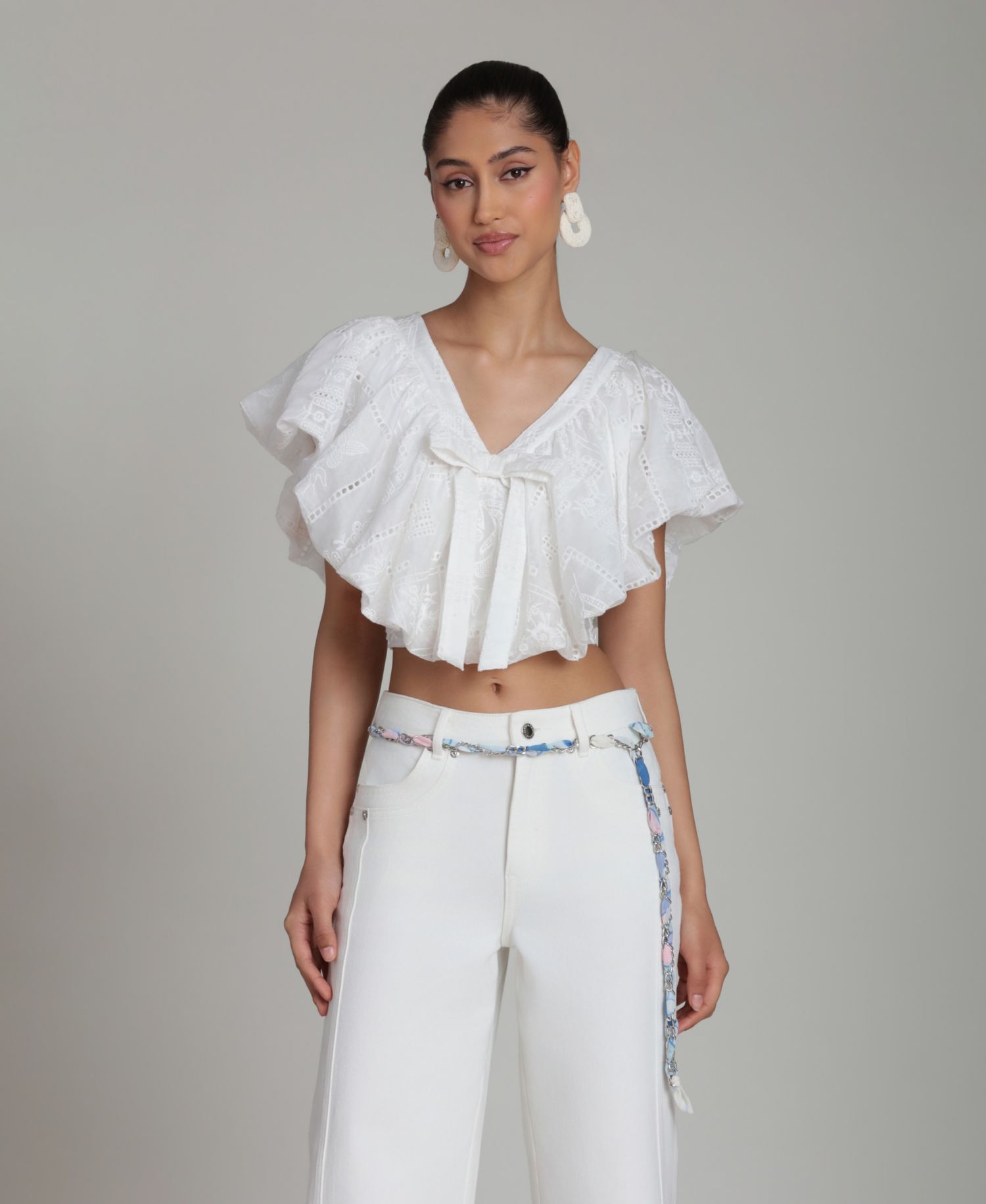 Women's V-Neck Tie-Detail Bubble Top