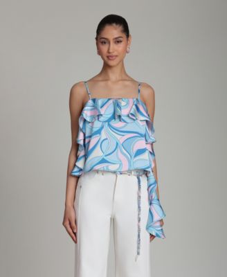 Women's Asymmetrical Ruffle Detail Square Neck Top