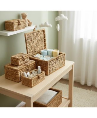 Wicker Storage Basket Set of 3 with Lids Handwoven Seagrass Decorative Organizers for Toys Clothes Home Decor