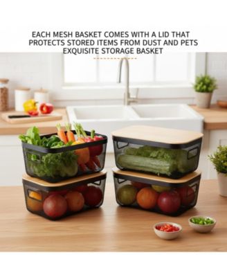 4 Metal Mesh Stackable Baskets With Handles Lids Pantry Organization Storage For Cabinets Shelves Kitchen