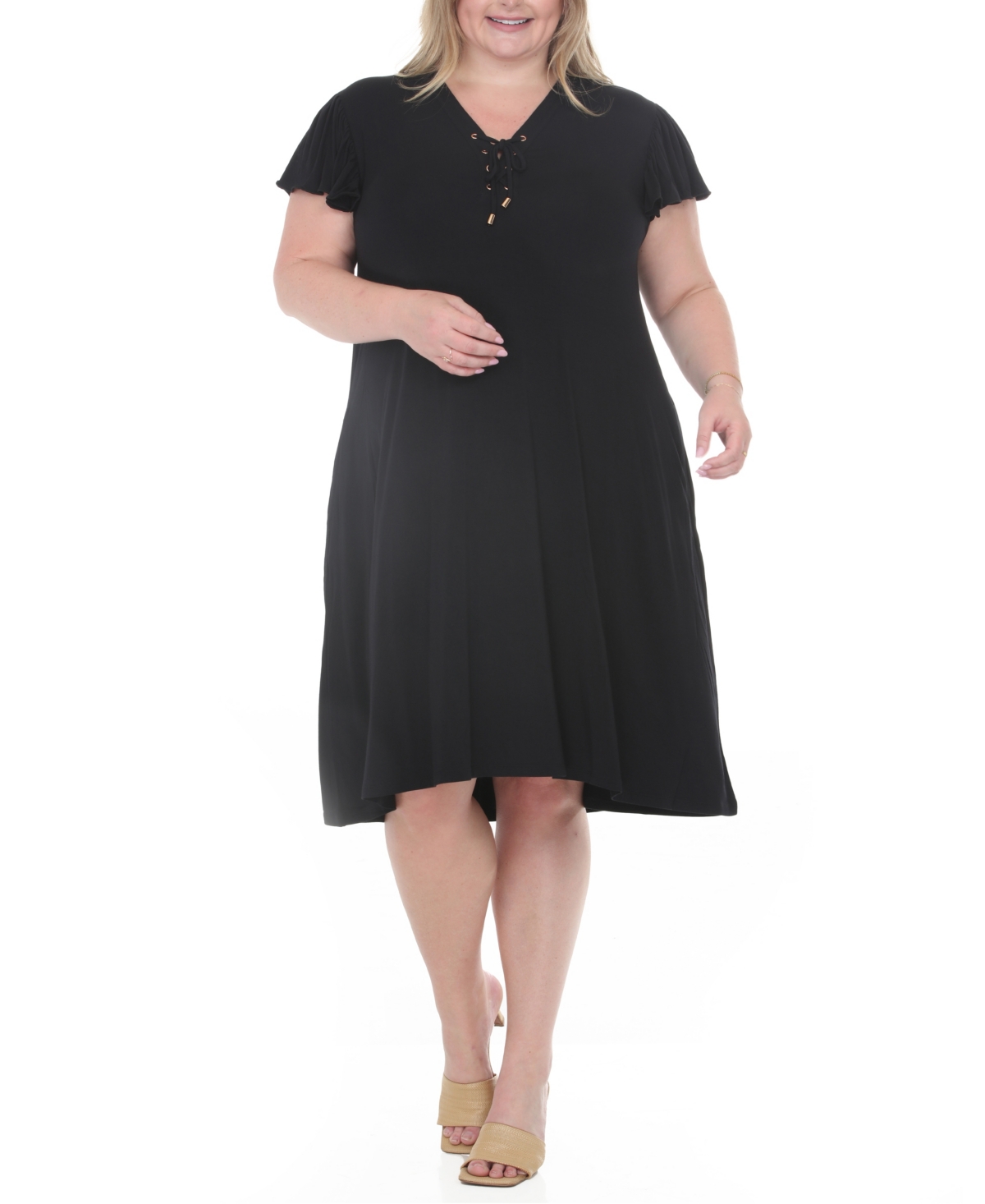 White Mark Plus V-Neck Tie Front Shift Dress