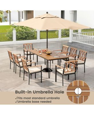 9 PCS Patio Dining Set Rectangular Dining Table w/ Acacia Wood Top Umbrella Hole
