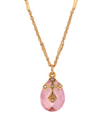 14k Gold Dipped Rose Quartz Oval Glass Drop Crystal Cross 16"+3" Necklace