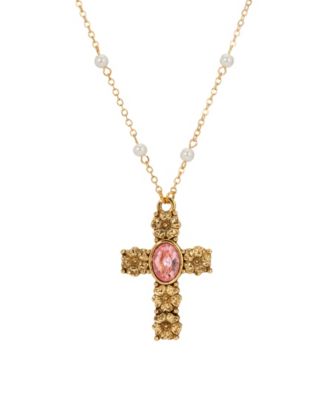 Gold-Tone Cross Rose Oval Stone 28" Imitation Pearl Beaded Chain Necklace