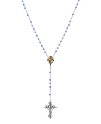 Silver-Tone Filigree Cross Lady of Guadalupe Decal Blue Beaded Chain Rosary