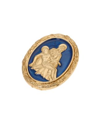 Gold Tone Sapphire Enamel Mary Jesus Oval Pin