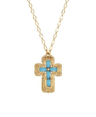 14k Gold Dipped Aqua Blue Moonstone Cross Locket Pendant 32" Necklace