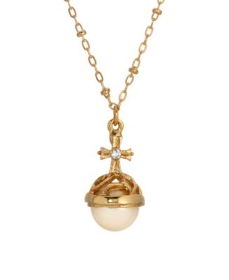 Symbols of Faith 14k Gold Dipped Imitation Pearl Stone Clear Crystal Cross 16