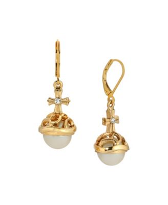 Symbols of Faith 14K Gold Dipped Faux Pearl Stone Clear Crystal Cross Leverback Earrings - White 41$