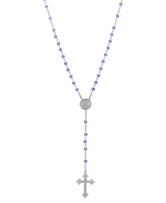Symbols of Faith Silver Tone Blue Bead Virgin Mary Child Round Locket Rosary Necklace - Blue 64$
