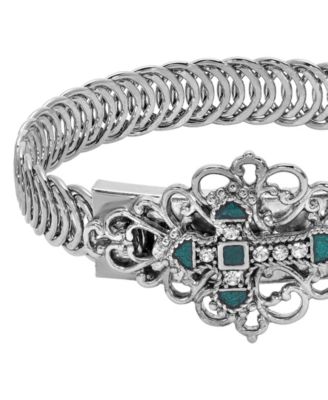 Silver Tone Green Enamel Cross Bracelet
