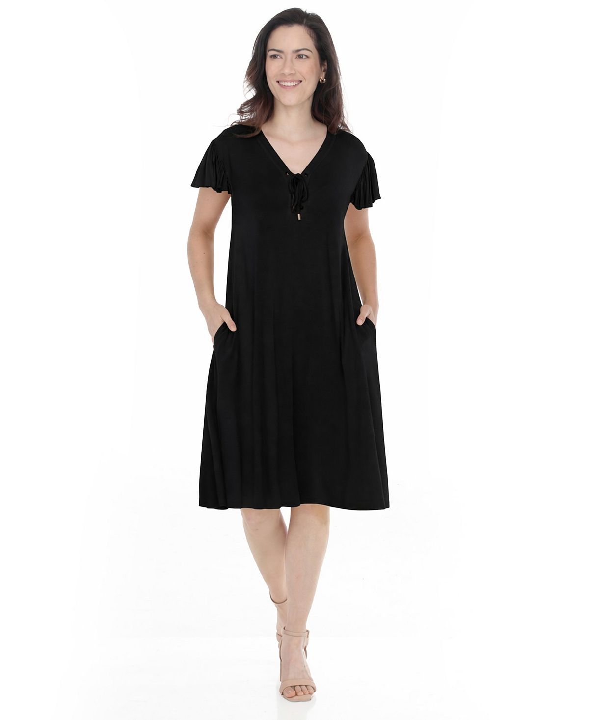 White Mark Women's V-Neck Tie-Front Flutter-Sleeve Shift Dress view 2 — MAYCSS fashion products