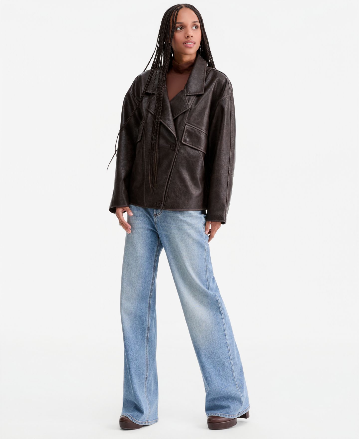 Женское пальто CoffeeShop Asymmetric-Button-Front Faux-Leather, цвет: Потёртый тёмный коричневый — фото 3