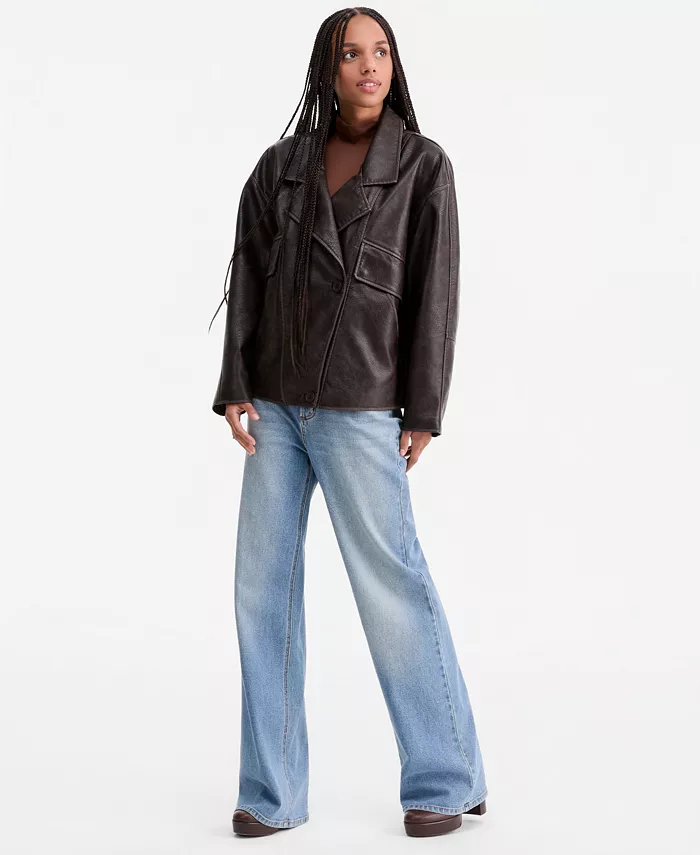 Women's Asymmetric-Button-Front Faux-Leather Coat - thumbnail 3