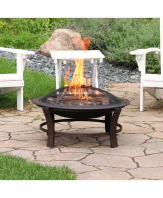 Outdoor Portable Camping or Backyard Elevated Round Fire Pit Bowl with Stand, Spark Screen, Wood Grate, and Log Poker - 29" - Bronze