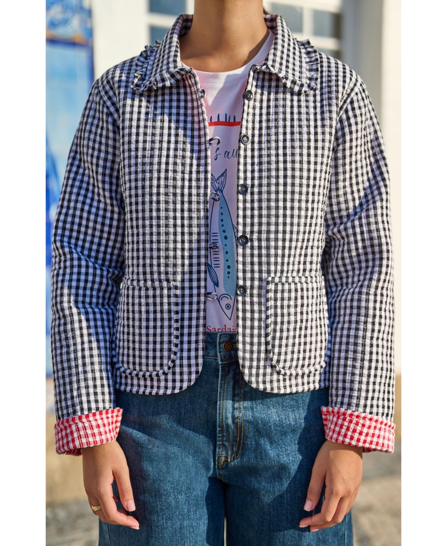 Женская куртка Yumi Gingham Frill Collar, цвет: Чёрный — фото 7