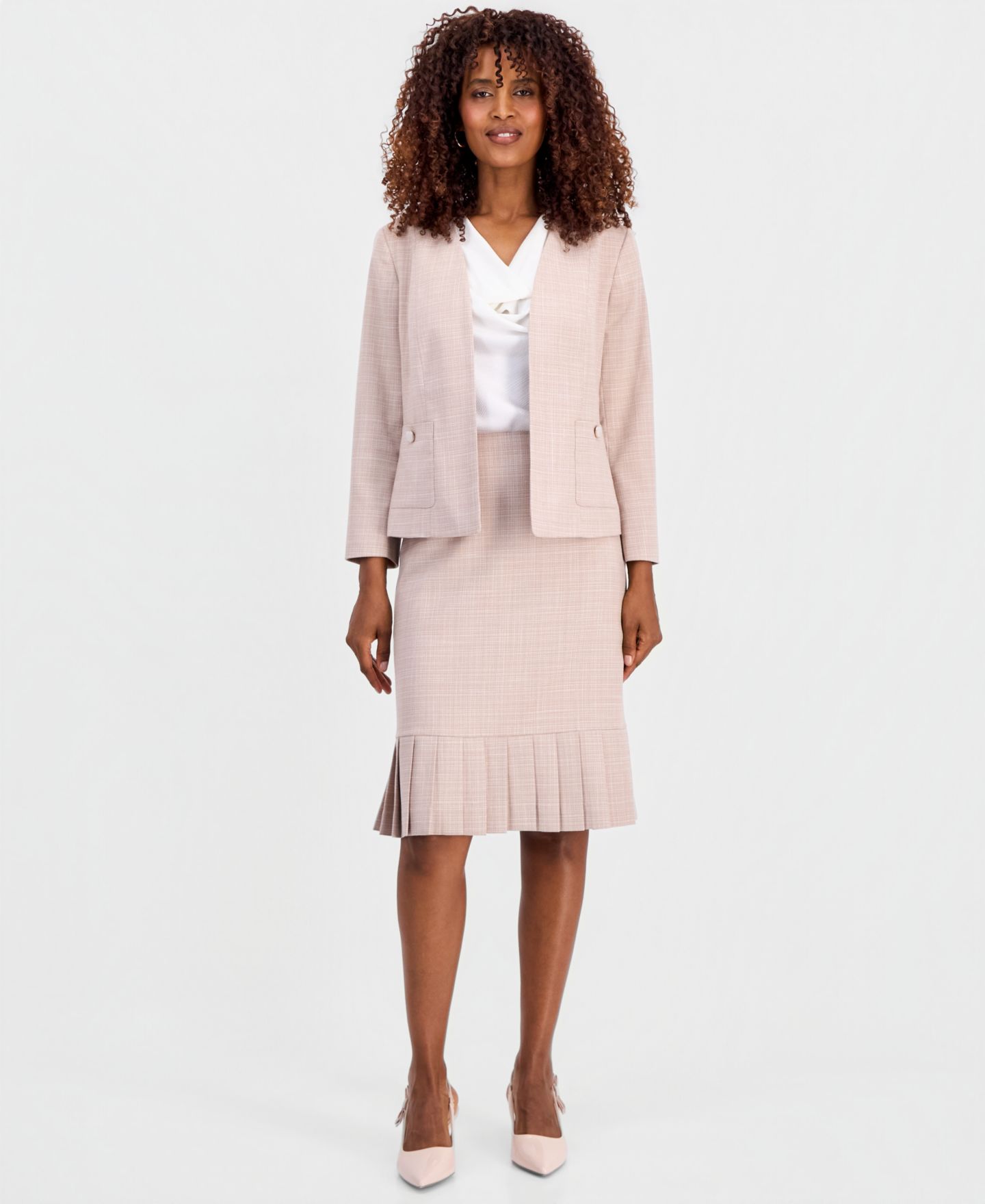Женские комплекты Kasper Collarless Open-Front Jacket & Pleated-Hem Pencil Skirt, цвет: Tstd Wt/Vanlice — фото 1
