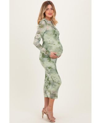 Maternity Light Olive Floral Mesh Overlay Maxi Dress