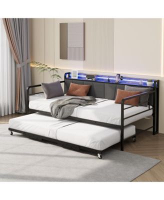 Twin Daybed with Trundle and LED Lights, Metal Frame with Upholstered Headboard and Charging Station