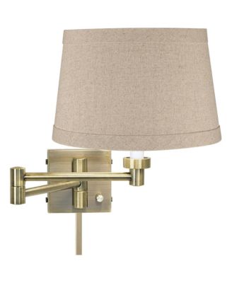 Modern Swing Arm Wall Lamp with Cord Cover Antique Brass Plug-In Light Fixture Linen Drum Shade for Bedroom