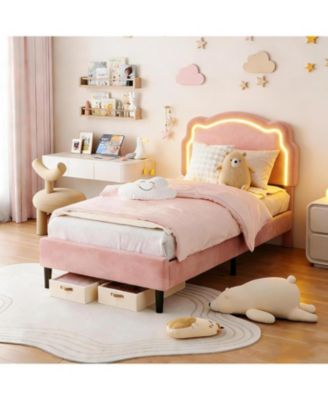 Twin Smart LED Bed Frame with Velvet Headboard, Upholstered Platform