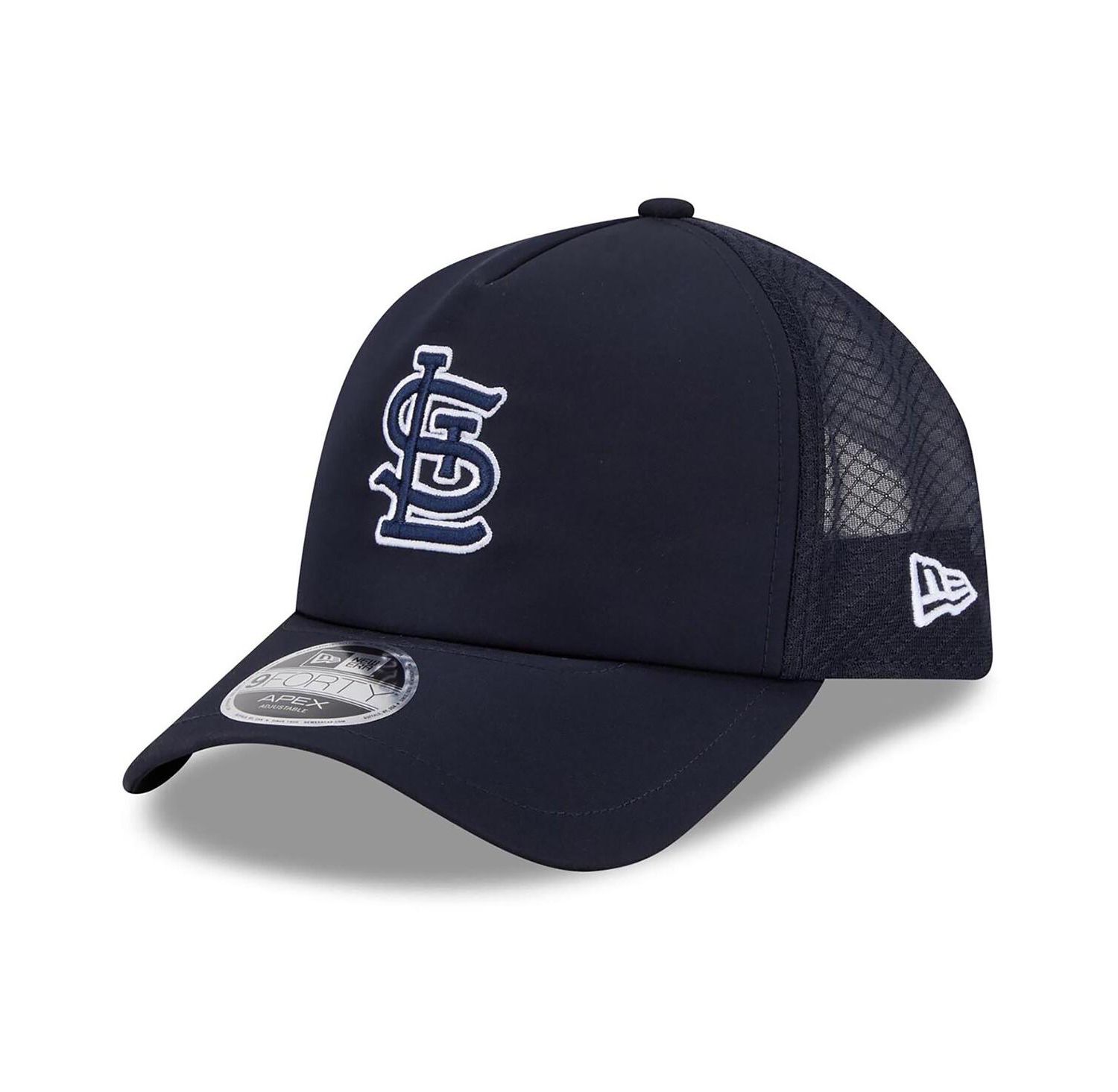Men's Navy St. Louis Cardinals 2026 Batting Practice Apex 9FORTY Adjustable Trucker Hat