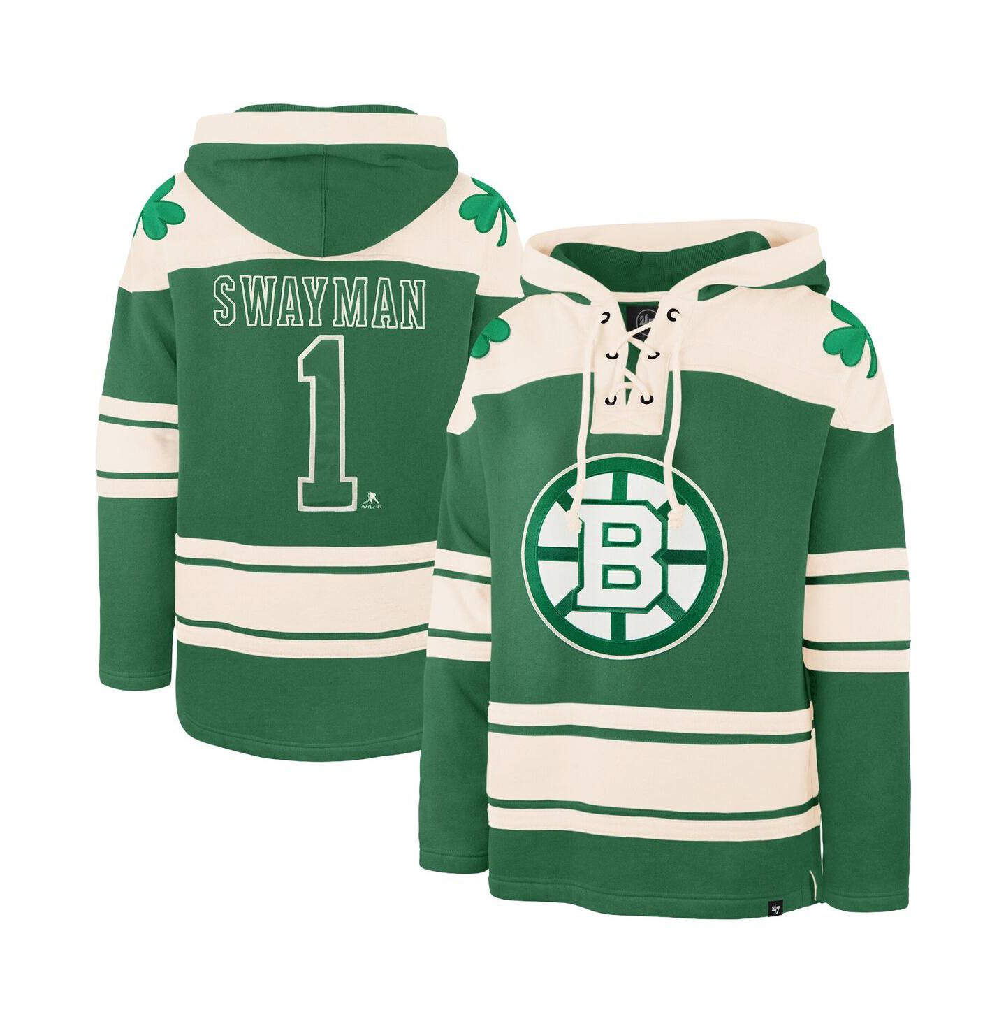 Мужское худи '47 Brand Jeremy Swayman Kelly Green Boston Bruins St. Patrick's Day Player Name & Number Lacer Pullover — фото 1