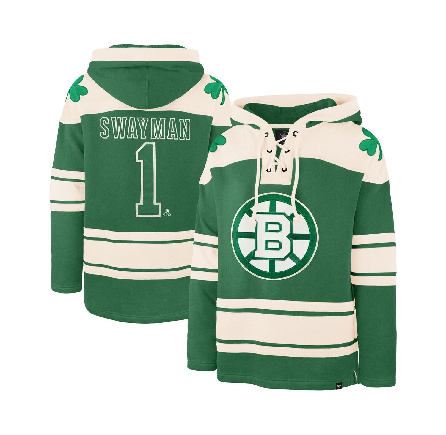 Men's Jeremy Swayman Kelly Green Boston Bruins St. Patrick's Day Player Name & Number Lacer Pullover Hoodie