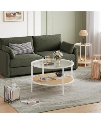 30" 2-Tier Rattan Coffee Table with Water-Wave Glass