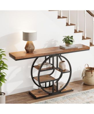 55" Industrial Narrow Console Sofa Table with O-Shaped Metal Frame and 5-Tier Storage, Entryway Table