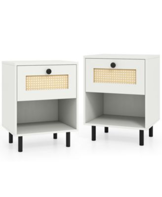 Rattan Nightstand Set of 2 with Woven Drawer and Open Shelf, Boho End Table