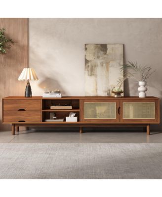 TV Stand for TVs up to 85 Inch, Media Console Table with 2 Drawers and Rattan Front Panels, Entertainment Center for Living Room