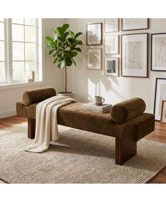 60" Chenille Bedroom Bench, End of Bed Upholstered Bench with Bolsters