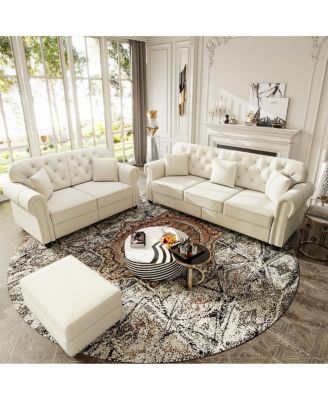 Velvet Nailhead Rolled Arm Sofa with  Ottoman