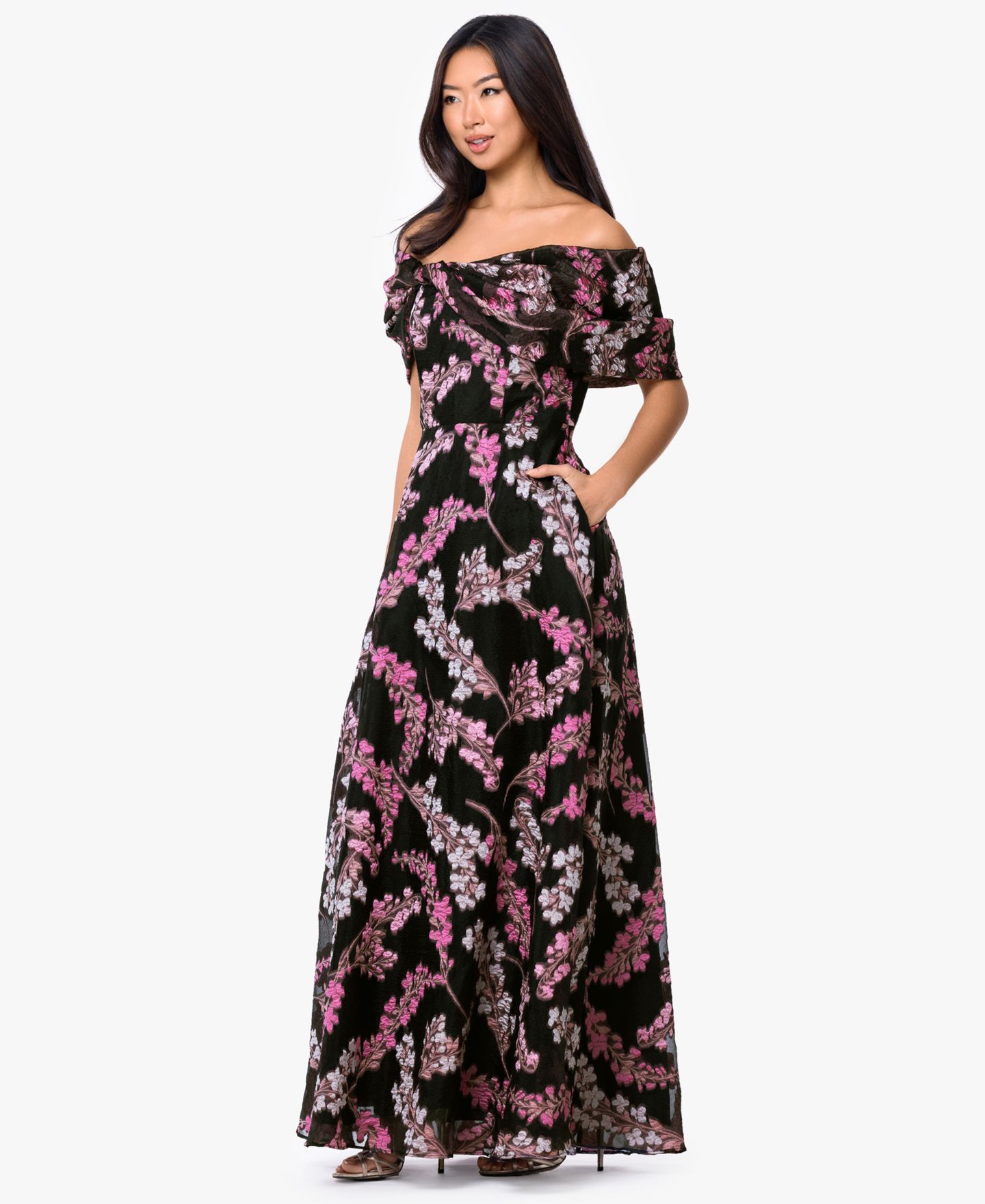 Женское платье Betsy & Adam Off-The-Shoulder Twist, цвет: Чёрный / Розовый — фото 2